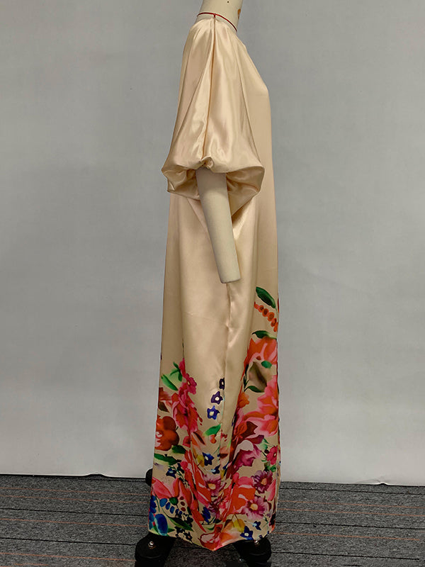Elasticity Flower Print Split-Front A-Line Half Sleeves V-Neck Maxi Dresses