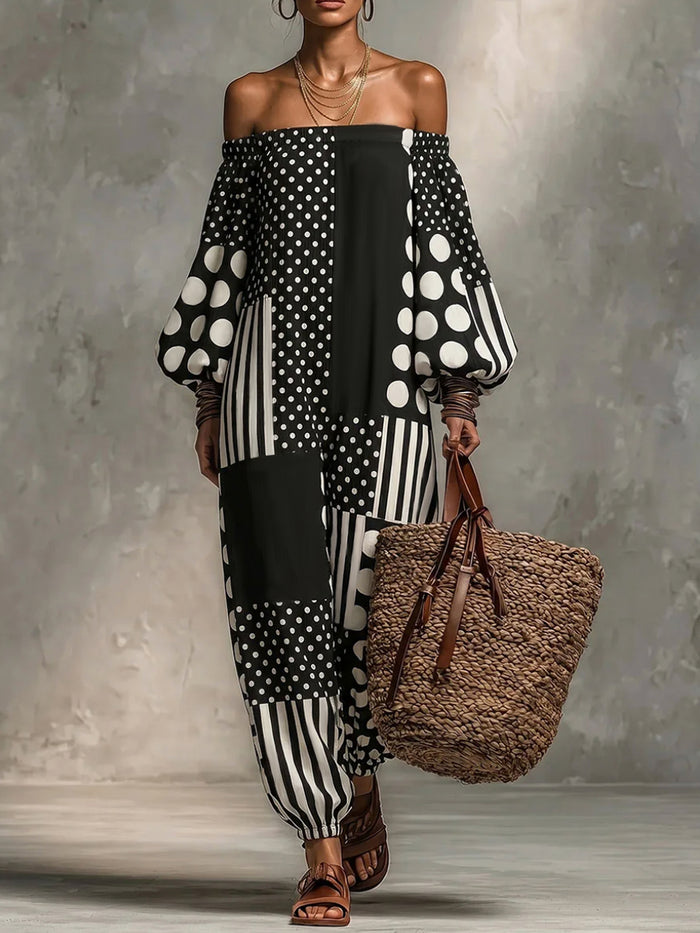 Long Sleeves Puff Sleeves Contrast Color Elasticity Polka Dot Split-Joint Striped Off-The-Shoulder Jumpsuits