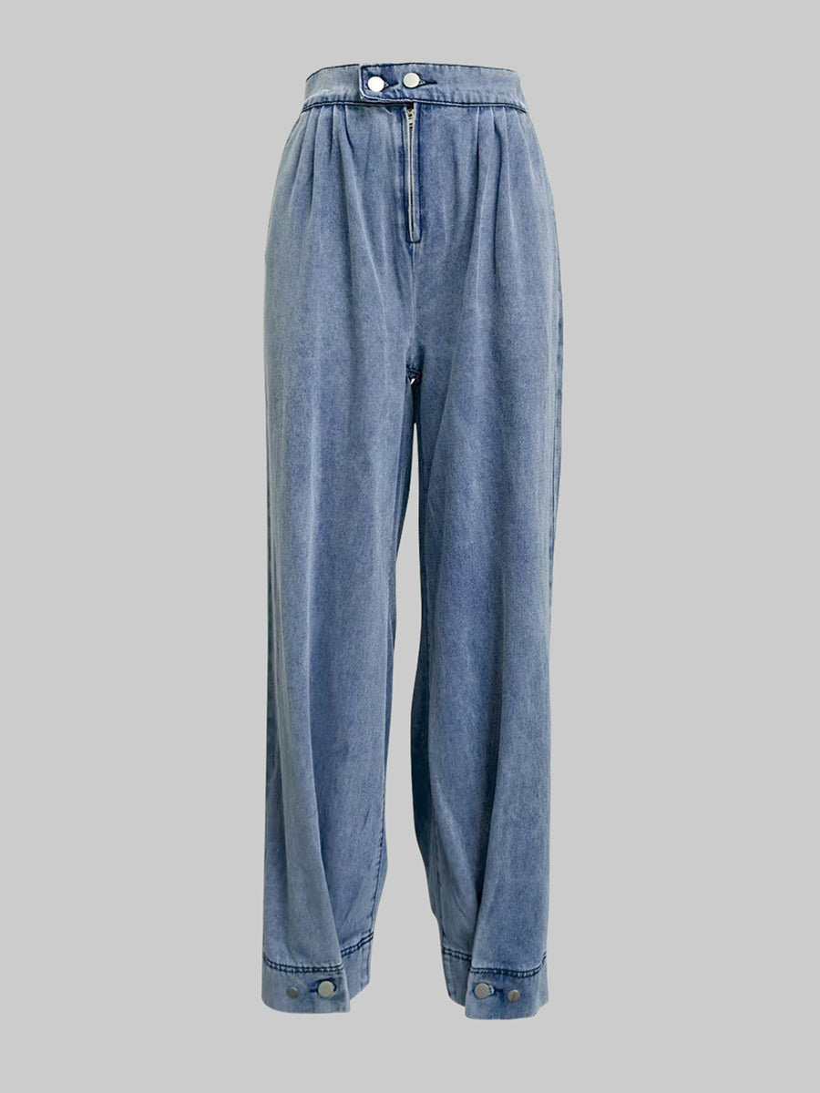 Loose Buttoned Solid Color Zipper Jean Pants Bottoms Knickerbockers Trousers