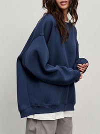 Long Sleeves Loose Solid Color Round-Neck Sweatshirt Tops