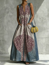 Loose Sleeveless Contrast Color Pleated Pockets V-Neck Maxi Dresses