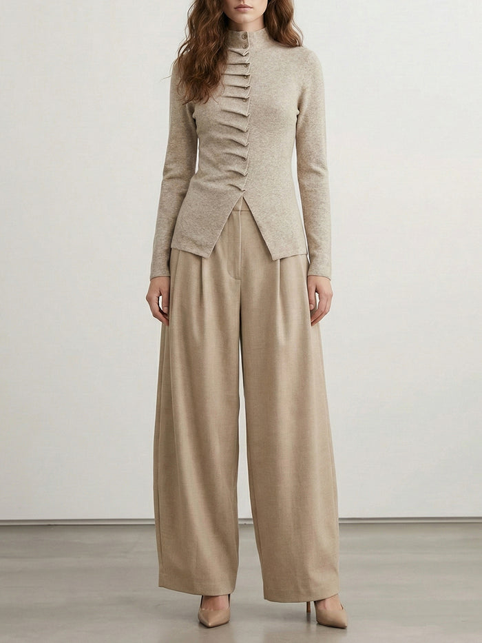 Long Sleeves Pleated Solid Color High Neck Pullovers