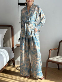 Long Sleeves Buttoned Printed Tied Waist Notched Collar Shirts Top + High Waisted Pants Bottom Two Pieces Set