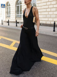 Loose Sleeveless Belted See-Through Solid Color Halter-Neck Maxi Dresses