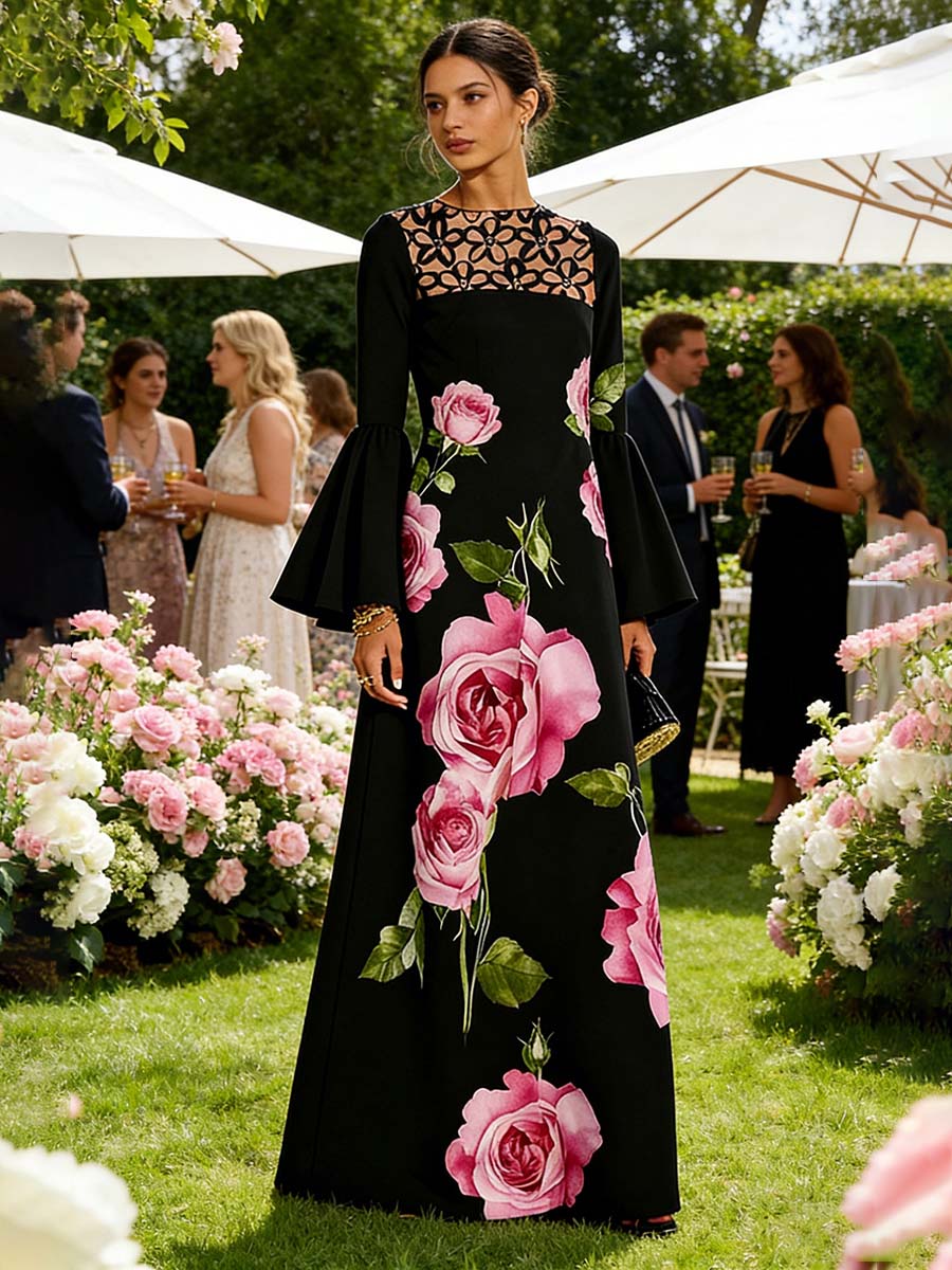 Flared Sleeves Long Sleeves Contrast Color Flower Print Hollow Print Split-Joint Round-Neck Maxi Dresses