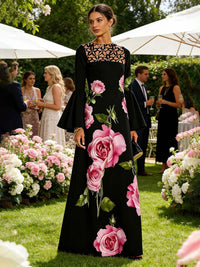 Flared Sleeves Long Sleeves Contrast Color Flower Print Hollow Print Split-Joint Round-Neck Maxi Dresses