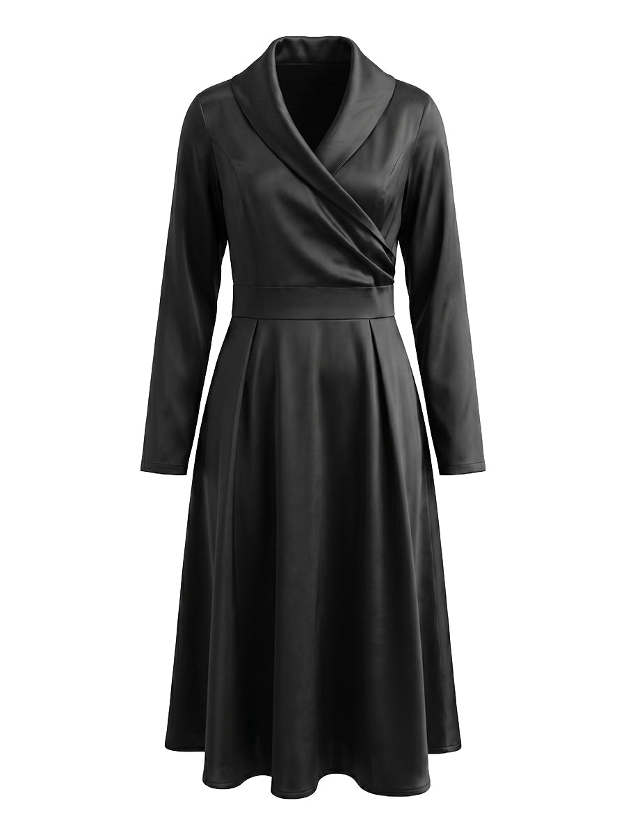 A-Line Three-Quarter Sleeves Pleated Pockets Solid Color V-Neck Midi Dresses