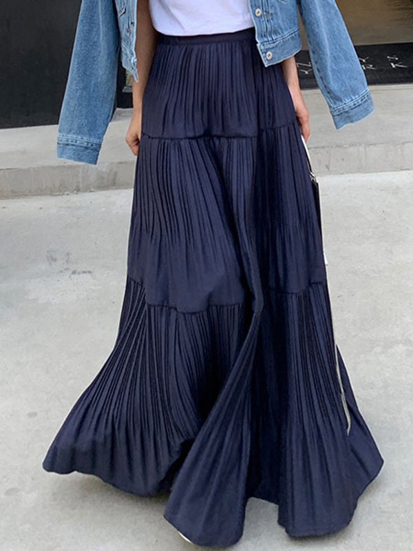 A-Line High Waisted Pleated Solid Color Split-Joint Skirts Bottoms