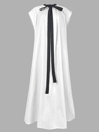 A-Line Loose Pleated Tied Round-Neck Midi Dresses