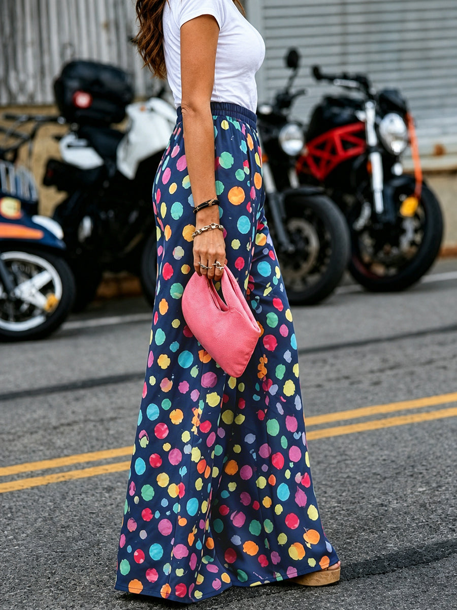 Contrast Color Elasticity Pockets Polka Dot High Waisted Wide Leg Trousers Pants