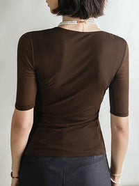 Half Sleeves Skinny Pleated Solid Color V-Neck T-Shirts Tops