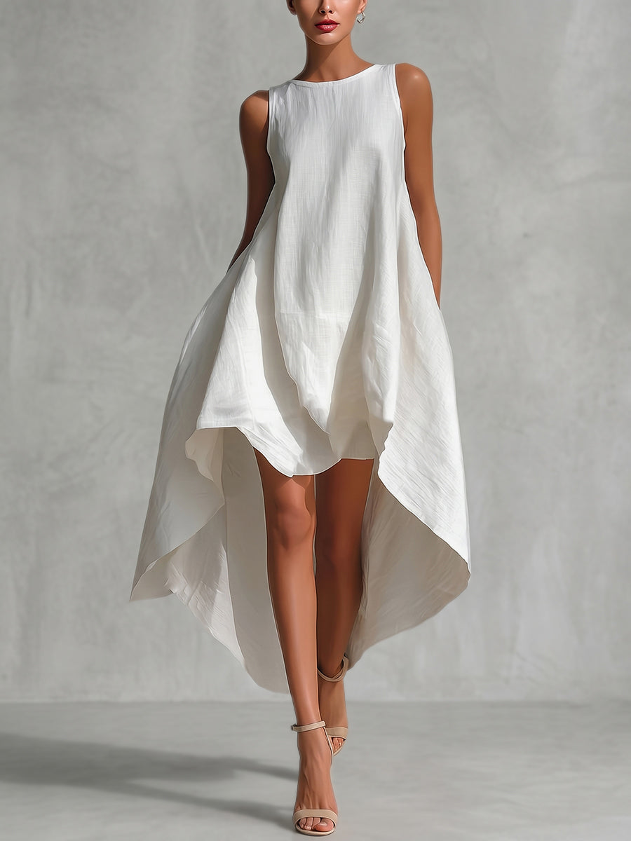 A-Line High-Low Solid Color Zipper Round-Neck Maxi Dresses