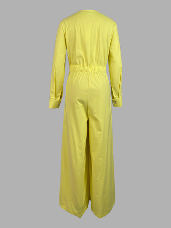 High Waisted Long Sleeves Buttoned Pockets Solid Color V-Neck Jumpsuits