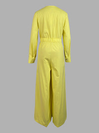 High Waisted Long Sleeves Buttoned Pockets Solid Color V-Neck Jumpsuits
