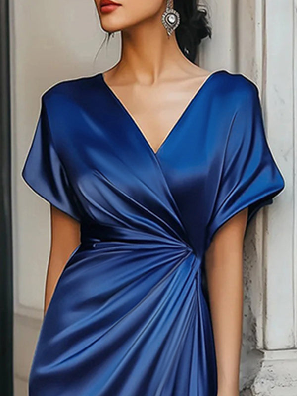 Asymmetric Solid Color Split-Joint Loose Short Sleeves V-neck Maxi Dresses Evening Dresses