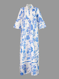 Flared Sleeves Loose Flower Print Split-Joint Split-Side Deep V-Neck Midi Dresses