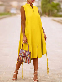 A-Line Sleeveless Solid Color Split-Joint Split-Side Streamer V-Neck Midi Dresses