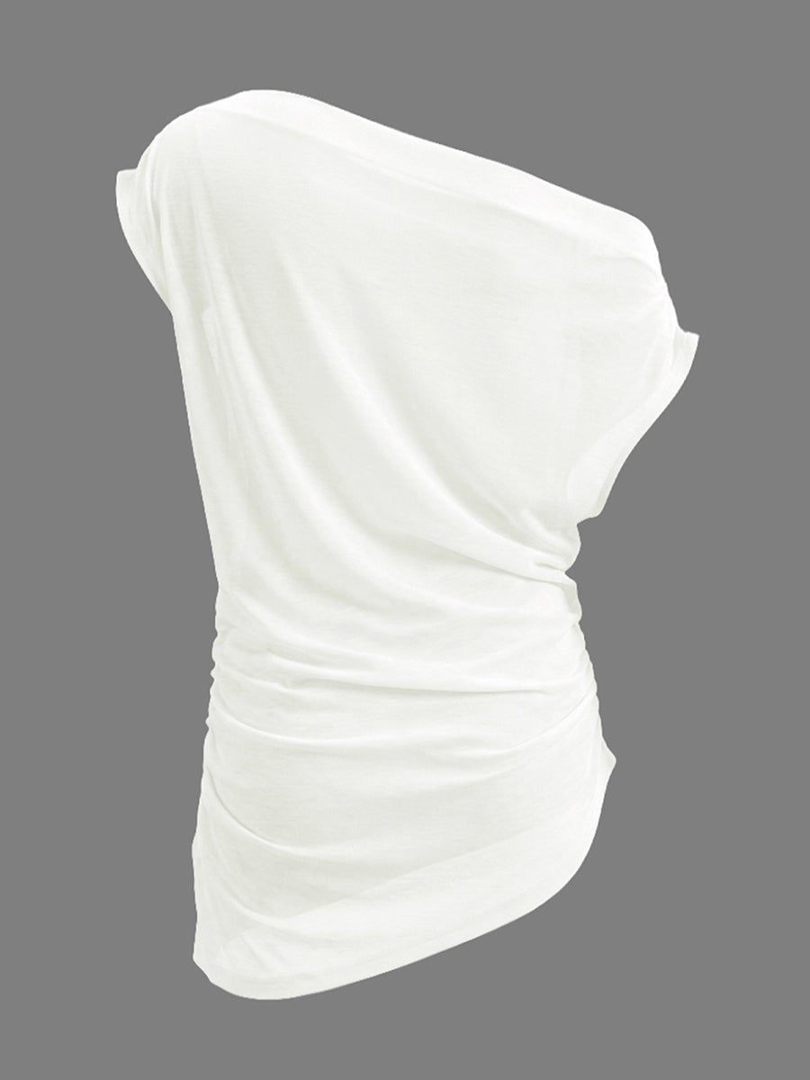Asymmetric Pleated Solid Color Loose Sleeveless One-Shoulder Blouses&Shirts Tops