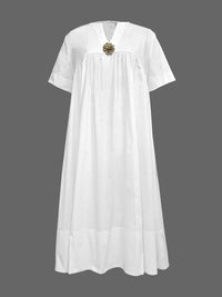 Loose Short Sleeves Solid Color Deep V-Neck Midi Dresses Shirt Dress