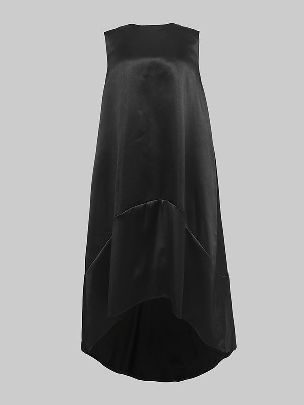 Solid Color Split-Joint High-Low Loose Round-Neck Midi Dresses
