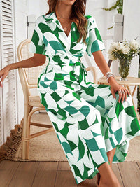 High Waisted Loose Buttoned Contrast Color Tied Waist V-Neck Jumpsuits