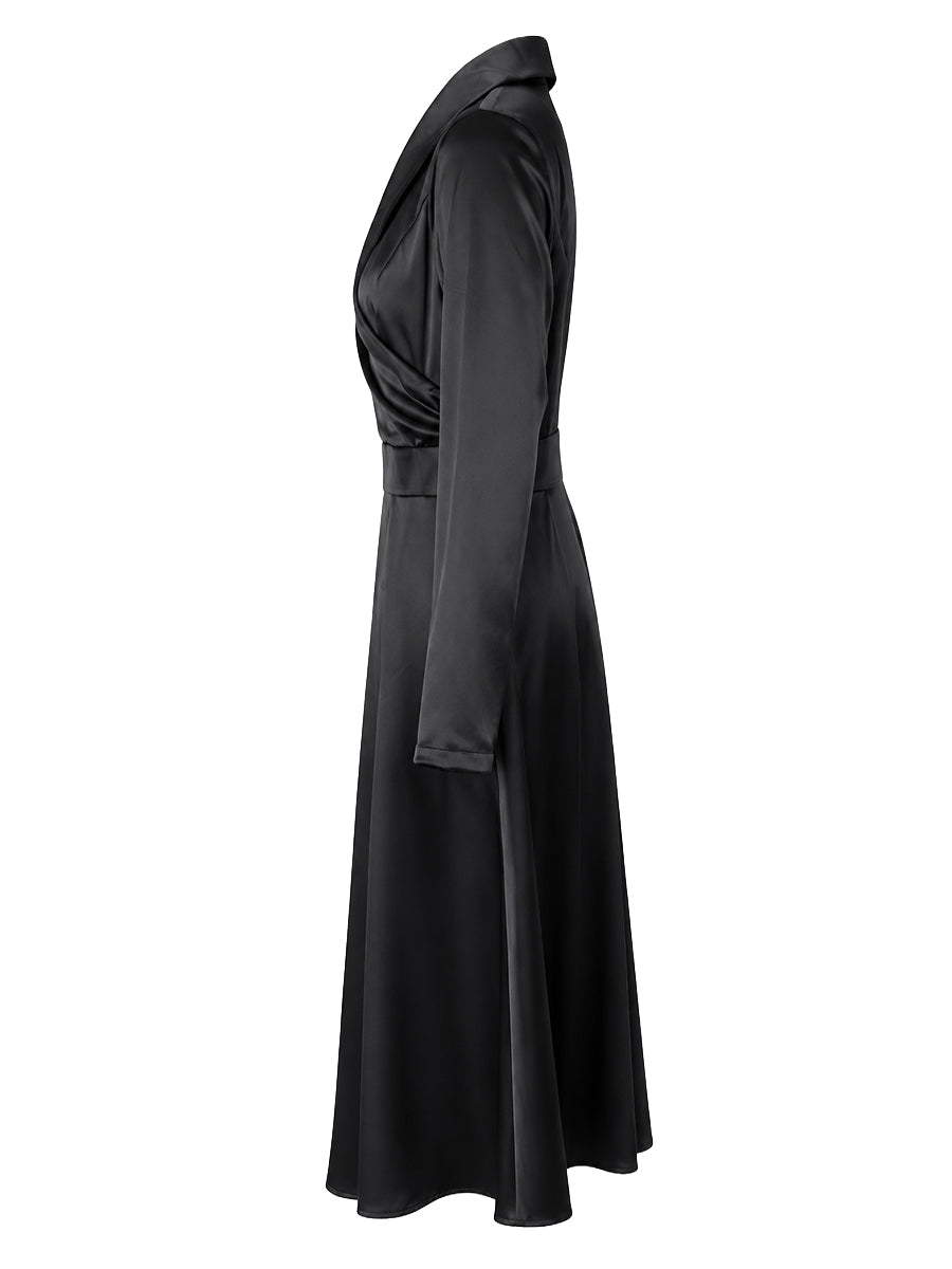 A-Line Three-Quarter Sleeves Pleated Pockets Solid Color V-Neck Midi Dresses