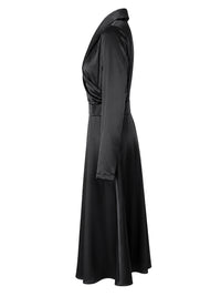 A-Line Three-Quarter Sleeves Pleated Pockets Solid Color V-Neck Midi Dresses