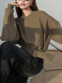 Long Sleeves Loose Belt Buckle Solid Color Round-Neck Sweatshirt Tops