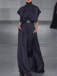 Loose Raglan Sleeve Solid Color Split-Joint Tied Waist High Neck Maxi Dresses