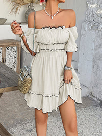 A-line High Waisted Elasticity Pleated Ruffle Trim Solid Color Square-neck Mini Dresses
