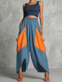 High Waisted Loose Contrast Color Elasticity Pockets Split-Joint Ninth Pants Trousers