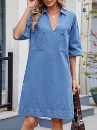 A-line Loose Pockets Solid Color Lapel Mini Dresses