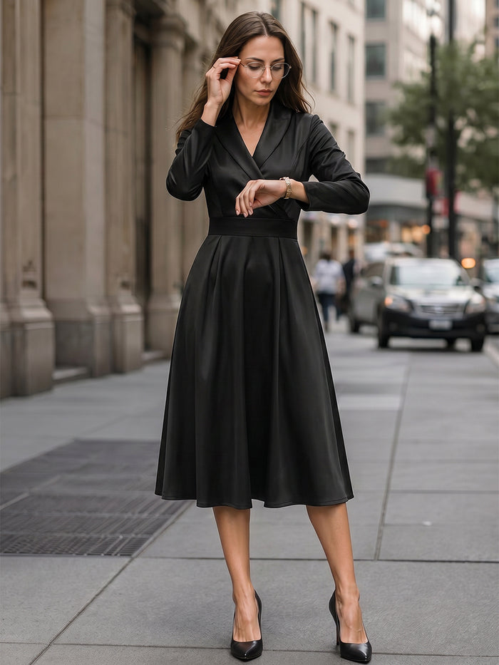 A-Line Three-Quarter Sleeves Pleated Pockets Solid Color V-Neck Midi Dresses