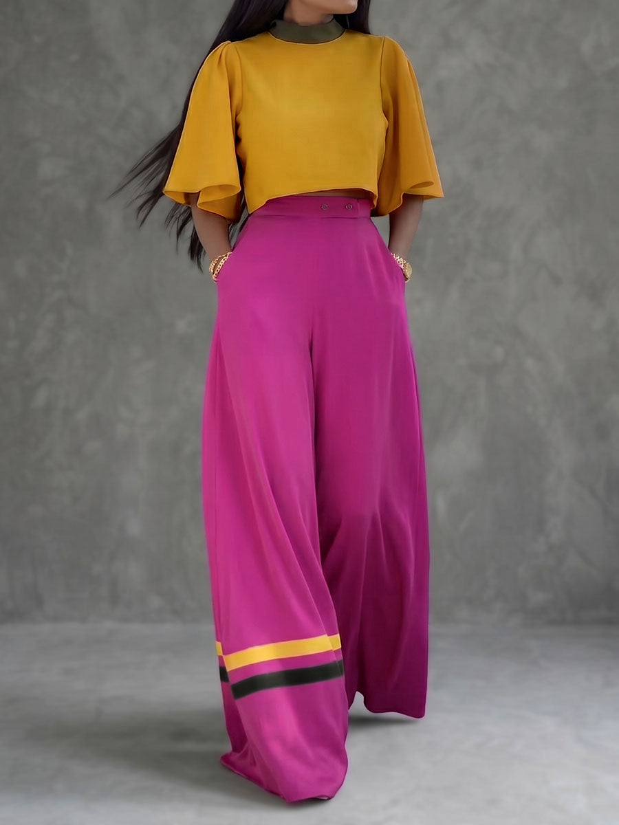 Contrast Color Pleated Cropped Flared Sleeves Stand Collar Blouses&Shirts Tops
