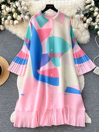 Flared Sleeves Loose Belted Contrast Color Pleated Midi Dresses