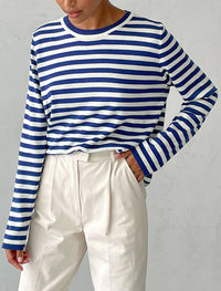Long Sleeves Loose Split-Joint Striped Round-Neck Sweater Tops
