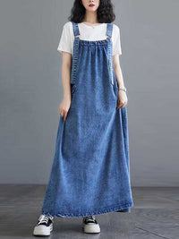 A-Line Loose Pleated Pockets Split-Joint Spaghetti-Neck Maxi Dresses Suspender Dress
