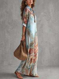 Long Sleeves Loose Buttoned Contrast Color Pockets Printed Lapel Maxi Dresses Shirt Dress