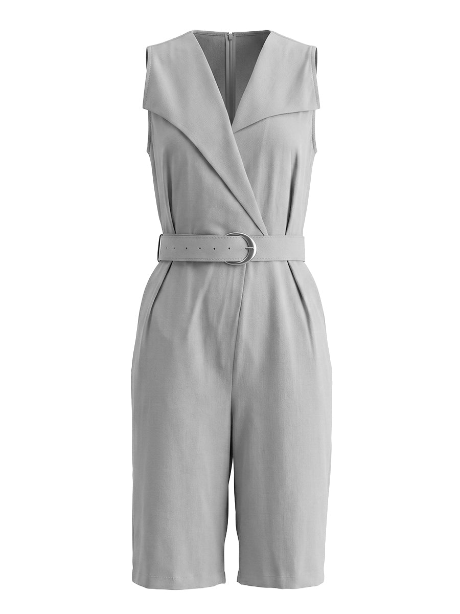 Belted Pockets Solid Color Sleeveless V-Neck Rompers