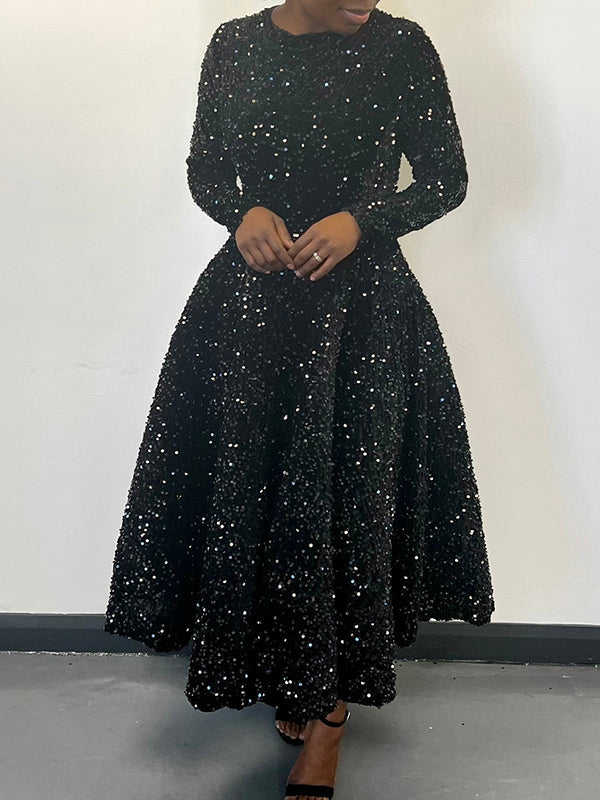 A-Line High Waisted Sequined Split-Joint Zipper Round-Neck Maxi Dresses