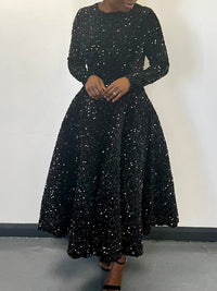 A-Line High Waisted Sequined Split-Joint Zipper Round-Neck Maxi Dresses