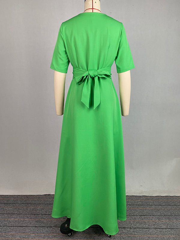 Half Sleeves High Waisted Solid Color Tied Waist V-Neck Maxi Dresses