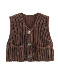 Loose Sleeveless Buttoned Pockets V-Neck Vest Outerwear