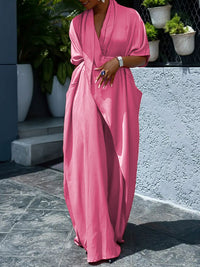 Loose Short Sleeves Asymmetric Pleated Solid Color Split-Joint V-Neck Maxi Dresses Shirt Dress