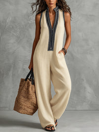Sleeveless Wide Leg Pockets Solid Color Zipper Stand Collar Jumpsuits