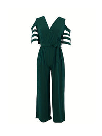 High Waisted Loose Hollow Mesh Solid Color Tied Waist V-Neck Jumpsuits