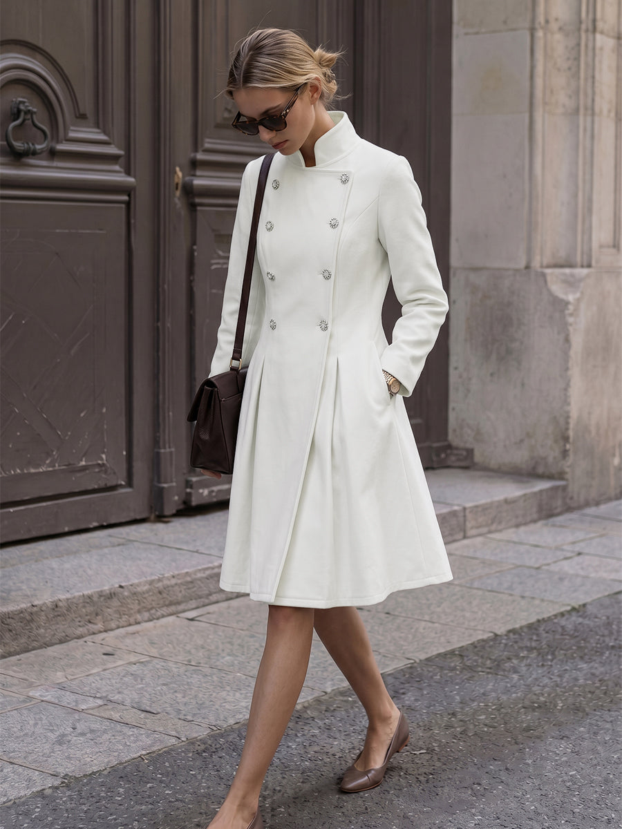 A-Line High Waisted Buttoned Pleated Pockets Solid Color Stand Collar Midi Dresses Overcoat