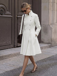 A-Line High Waisted Buttoned Pleated Pockets Solid Color Stand Collar Midi Dresses Overcoat