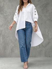 High-Low Loose Buttoned Hollow Pleated Solid Color Lapel Blouses&Shirts Tops