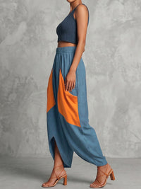 High Waisted Loose Contrast Color Elasticity Pockets Split-Joint Ninth Pants Trousers